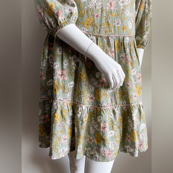 Cynthia Rowley Linen Babydoll Dress Puff Sleeves Floral Boho Green Pink Resort M - Picture 7 of 11